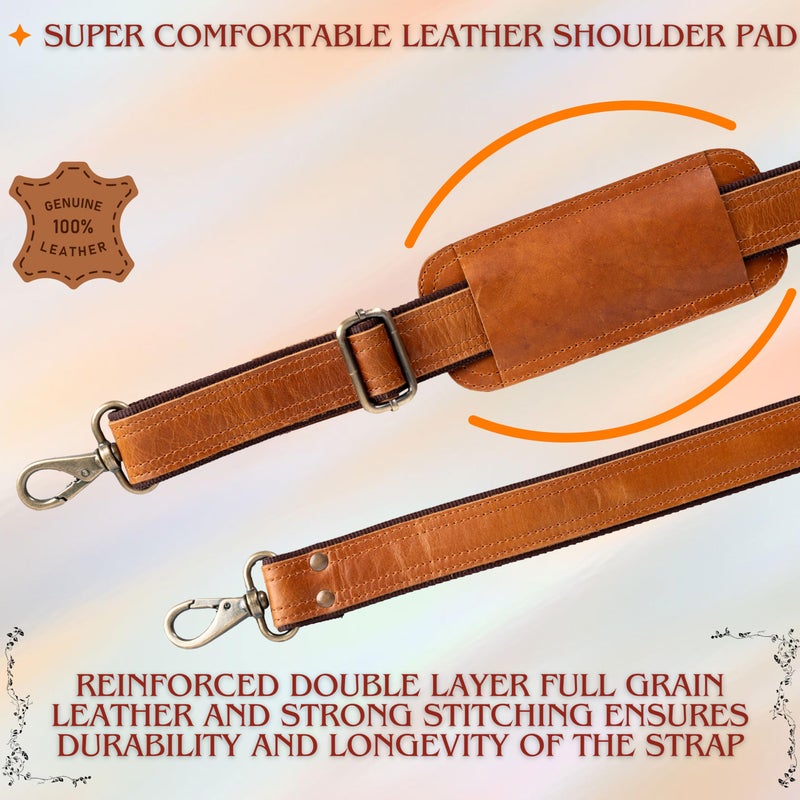 Hell Blues Bag Strap Replacement - Genuine Leather double layered with Brass Swivels ~ Adjustable Shoulder Strap for Messenger, Laptop, Camera, Travel Bags and More (CARAMEL BUFF) - Image 3